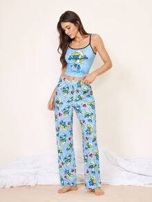 SHEIN X The Smurfs Bộ đồ ngủ nữ áo hai dây camisole in hoạt hình và quần dài - Màu xanh lam - Xem 4