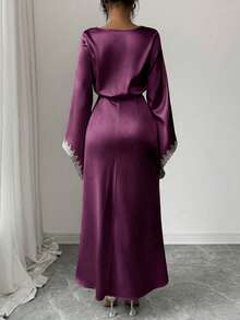 Modelyn 優雅長款杏色女裝洋裝，蕾絲袖口拼接設計，適合外出穿著 - Bold Plum - 查看 2