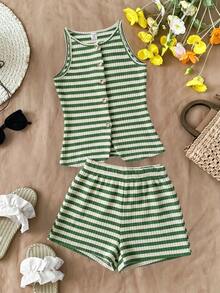 Travachic KIDS Tween Girl Vacation Casual Modest Knit Green And White Tank Top Elastic Waist Shorts Set Vacation Summer - Green - View 6