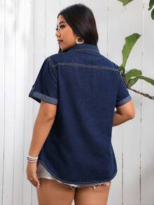 EMERY ROSE Plus Size Regular Shoulder Short Sleeve Rolled Hem Summer Front Button Denim Top Vacation Navy Blue Alternative - Dark Wash - View 2
