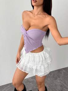 SHEIN PETITE 女款鵝黃色針織紋理抹胸上衣，前中打結開衩波浪邊修身款，適合下午茶、街頭、度假、秋冬穿著，可內搭或外穿，派對適用，適合嬌小女性 - 淡紫色 - 查看 5