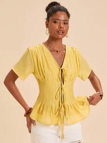 Travachic Spring/Summer Solid Color Woven Short Sleeve Women's Blouse Pale Yellow Elegant Romantic Brunch Vacation - Brown - View 4