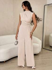 SHEIN Tall Mono elegante y minimalista de mujer, de estilo urbano y chic, con cuello alto pequeño, mangas cortas, cintura alta y piernas anchas, en color albaricoque - Marrón - Ver 8