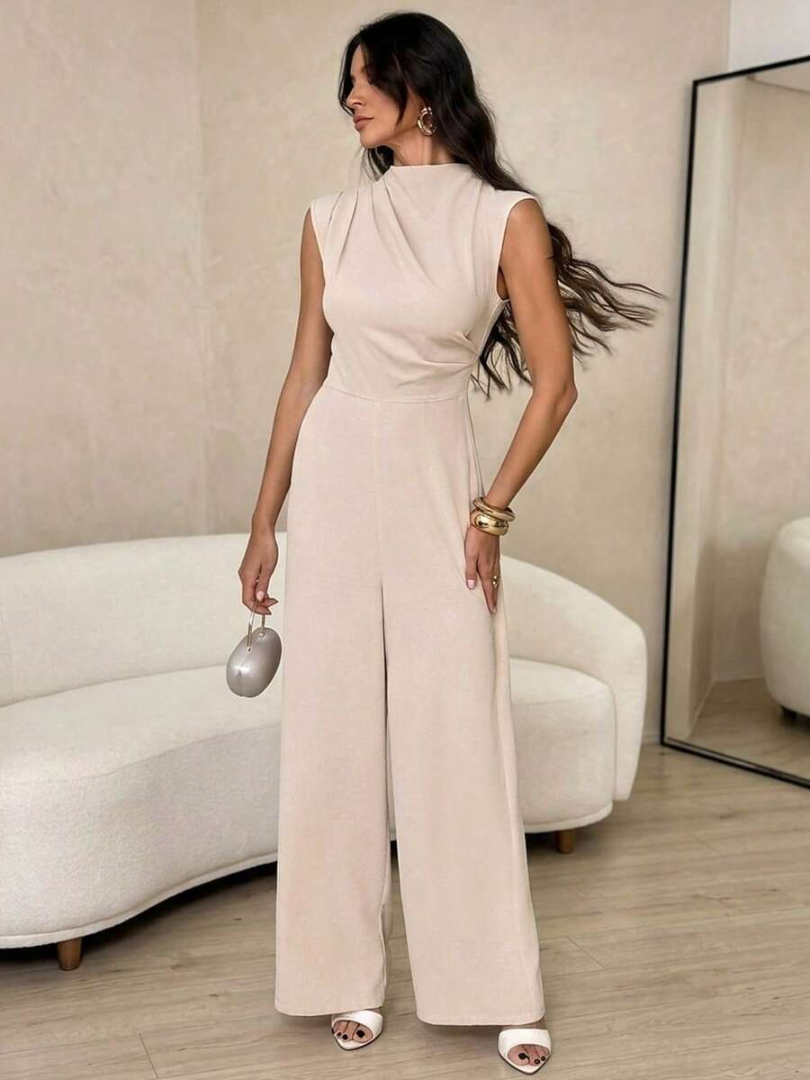 SHEIN Tall 女士优雅简约时尚通勤都市风新款垂褶小立领短袖高腰阔腿连体裤，杏色 - 棕色 - 查看 1