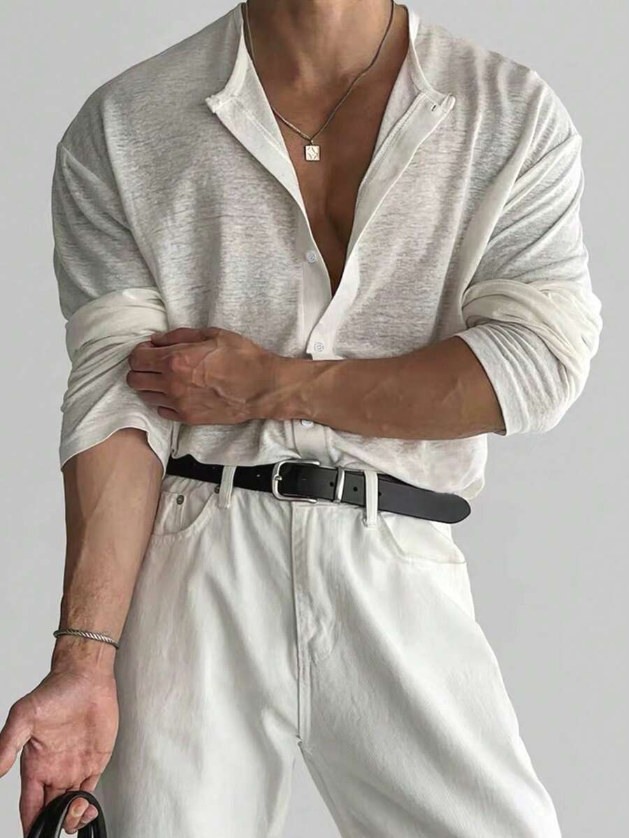 Manfinity Dauomo 男士开襟羊毛衫式T恤 - 轻薄圆领美式风格微透长袖上衣