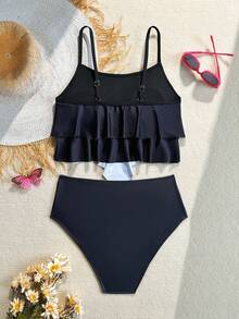 SHEIN Conjunto de traje de baño con estampado floral y volantes para chica adolescente, vacaciones en la playa - Multicolor - Ver 2