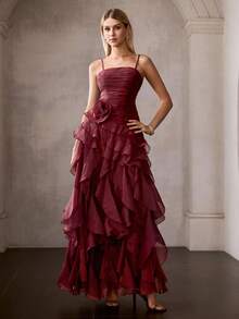 MOTF Soiréza WOMEN CHIFFON SOLID 3D FLOWER LAYERED RUFFLE SLIP COCKTAIL DRESS - Burgundy - View 5