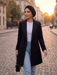 SHEIN Lady Lapel Neck Double Breasted Overcoat In Fall/Winter - Black - View 5