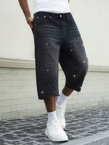 Manfinity EMRG Herren Lässig Gewaschene Jeans mit Strass-Verzierung 3/4 Länge - Schwarz - Übersicht 5