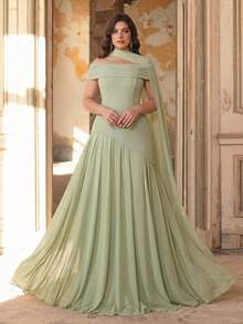 Glamrae Đầm maxi cỡ lớn sang trọng, thanh lịch màu xanh lá cây với chất liệu satin và chiffon co giãn, thiết kế phối ghép bất đối xứng, xếp ly dáng chữ A, cổ yếm gợi cảm, phù hợp cho tiệc tối, tiệc độc thân, hẹn hò, dạ hội, đám cưới. - màu xanh lá - Xem 6