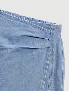 SHEIN Leap Crew 青少年女孩休閒抓皺不對稱下擺牛仔裙，適合夏季世界盃、日、海灘、畢業季 - 藍色 - 查看 3