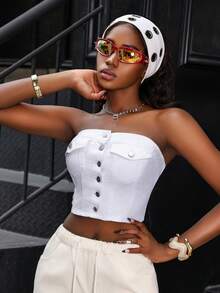 Jeanoix Y2K Women's Denim Crop Top, White Sexy Denim Bandeau, Suitable For Daily, Vacation And Streetwear, Sweet And Sexy Bandeau Top, New Arrival For Summer - White - View 8