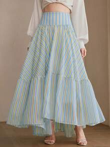 Anewsta Lazy Casual Bohemian Summer Vacation Style Blue Striped Patchwork Asymmetrical Flared Midi Skirt - Blue - View 8