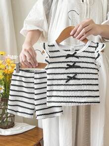SHEIN Infant/Toddler (Girl) Striped Pattern Bow Decor Flutter Sleeve T-Shirt And Shorts Set - Black and White - View 4