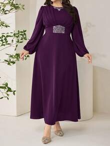 Veilorie Plus Size Elegant Party Rhinestone Decorated Dress Fall - Purple - View 6