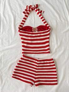 SHEIN Tween Girl Matching Casual Minimalist Comfortable Striped Tank Top And Shorts Set Tween Girl - Red - View 2