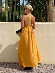 DAZY Solid Color Loose Cami Dress With Contrast Lace Casual Boho Vacation Elegant Summer Women's Dress Sundress Beach Golden Yellow - Yellow - View 1