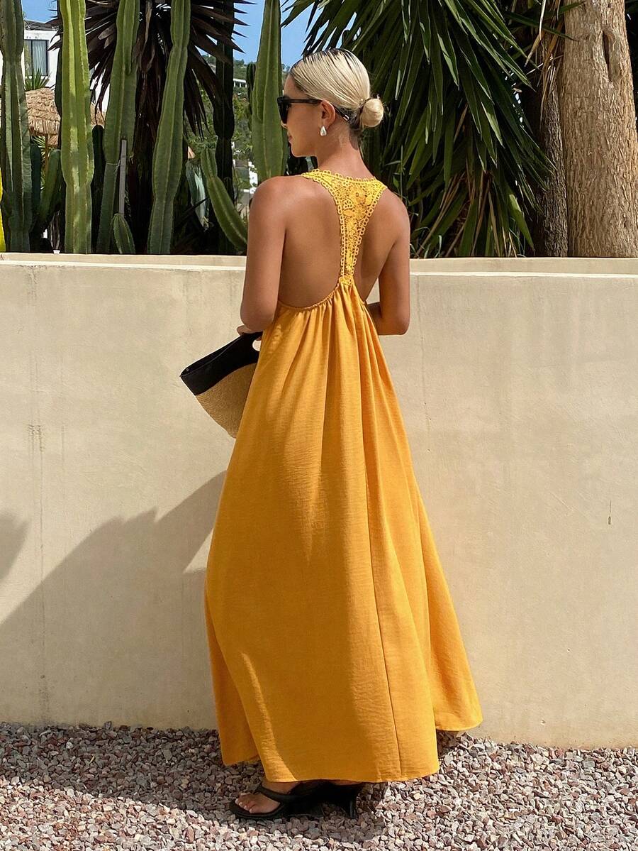 DAZY Solid Color Loose Cami Dress With Contrast Lace Casual Boho Vacation Elegant Summer Women's Dress Sundress Beach Golden Yellow - Yellow - View 1