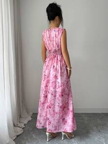 Elenzga Women's Casual Elegant Butterfly Print Chiffon Round Neck A-Line Elastic Waist Maxi Dress, Ruched Drawstring Waist Design, Lightweight Loose, Romantic Vintage Style, French Romantic Sicilian Elegant Dress, Suitable For Casual Office Vacation Afternoon Tea Party, Beach, Vacation, Office Commute And Other Summer Wear. - Pink - View 2