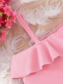 SHEIN Elladie kids 两件套女童活泼可爱不对称上衣+牛仔短裤休闲童装 - 粉色 - 查看 6