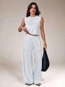 SHEIN Tall Bộ đồ nữ gồm áo vest dệt kim màu xám cotton và quần ống rộng, trang phục thường ngày cho kỳ nghỉ xuân, trang phục đi chơi cho nữ. - Xám - Xem 5