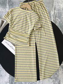 SHEIN 青少年女孩軟綿針織黃色條紋圓領短袖修身T恤與緊身褲套裝，休閒百搭青少年女孩服飾，黃色上衣大女孩衣服，黃色條紋上衣與褲子套裝 - 黃色 - 查看 3