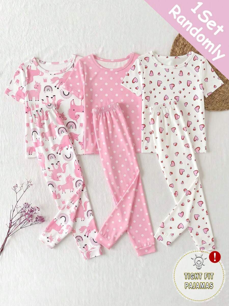 SHEIN Playful Pals 【随机3套,发1套】女童睡衣,春夏新品,可爱畅销经典元素,包括独角兽、彩虹、波点印花,紧身弹力针织面料,短袖上衣+裤子睡衣套装(随机发货) - 粉色 - 查看 1