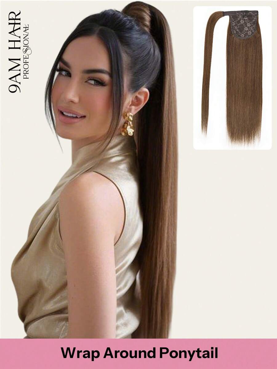 Pony Tails Real Hair Extension Straight Ponytail Extension Human Hair Chestnut Brown Hair Extensions Invisible Wrap Around Ponytail Human Hair For Women Daily Work - S6 - View 1