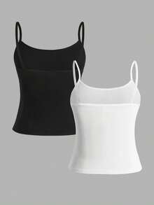 SHEIN Kids Teen Girl Simple Comfortable Skin-Friendly Tight Camisole Underwear 2pcs Set - Black and White - View 2