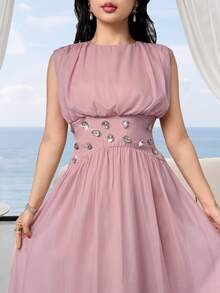 Feyla New Waist-Cinched Pleated Exquisite High-End Rhinestone Decorated Romantic Glamorous Banquet Formal Light Evening Dress Elegant Dusty Pink Summer - Dusty Pink - View 6