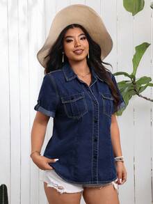 EMERY ROSE Plus Size Regular Shoulder Short Sleeve Rolled Hem Summer Front Button Denim Top Vacation Navy Blue Alternative - Dark Wash - View 4