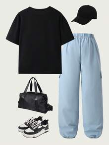 Teenager 2pcs Round Neck Simple Casual Graphic T-Shirt & Cuffed Cargo Pants Set, Suitable For Daily Commute, Outdoor Wear, School Back To School, Summer Outfit, Spring/Summer Set - Black - View 2