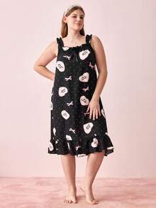 Bonmuse Camisola Casual Solta com Alças, Babados e Estampa de Laço Doce e Coração para Mulheres Plus Size - Preto - Visão 1