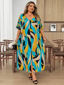 SHEIN CURVE+ CURVE 大尺碼 V 領長袖素色拼接寬鬆休閒洋裝，Curve Plus，Hoho 度假海灘女裝/海灘洋裝/海灘度假穿搭/海灘必備品/畢業典禮/下午茶派對洋裝 - 綠色 - 查看 6