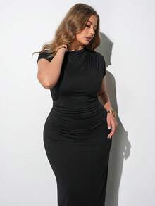 Maija Plus Size Women Solid Color Asymmetrical Shoulder Short Sleeve Fitted Elegant Dress Gym Brown Summer - Black - View 6