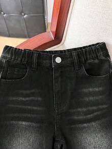 SHEIN 1件男童黑色牛仔寬鬆短褲，適合夏季休閒運動、外出、度假、上學 - 黑色 - 查看 10