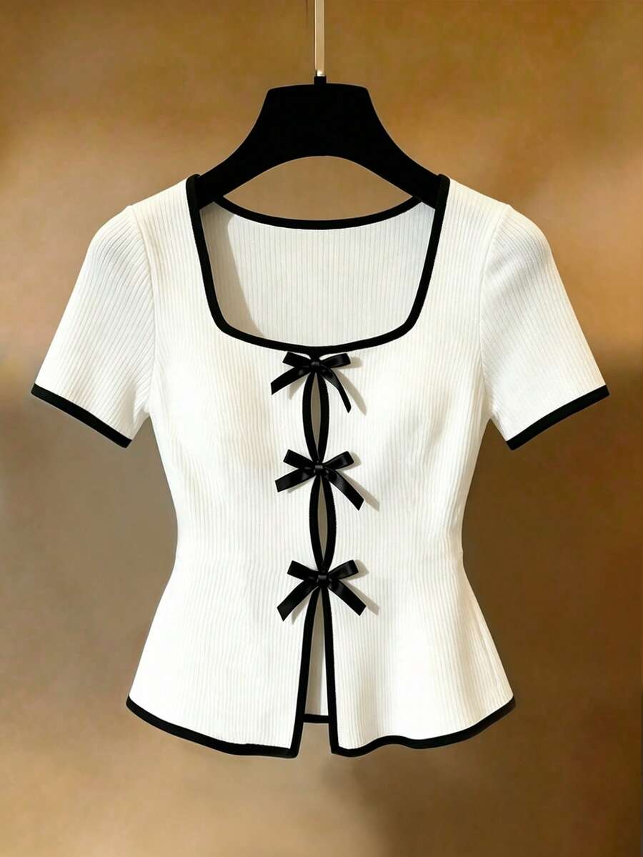 SHEIN Franclia 1pc Women's Black & White Color Block Square Neck Placket Bow T-Shirt, Sweet & Cool Slim Fit Vintage Versatile - Black and White - View 1