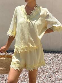 Livesso Spring Summer Yellow Patchwork V-Neck Short Sleeve Loose Top Casual Shorts Women 2pcs Set Vacation - Yellow - View 6