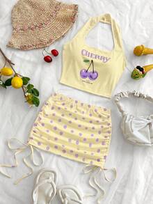 Soleia Áo croptop nữ hở lưng họa tiết anh đào phong cách tối giản casual đi chơi, chân váy ngắn cạp thấp nhún họa tiết chấm bi, áo thun họa tiết, phù hợp mặc mùa hè và dạo phố ngoài trời - Màu vàng - Xem 4