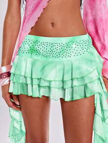 ROMWE Y2K Spring/Summer Vacation Sexy Wild Passionate Gradient Print Waist Rhinestone Embellished Hem Ruffle Women's Mini Cake Skirt - Green - View 2