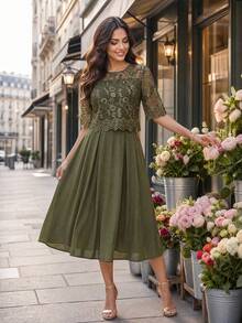 SHEIN Lady Women's Elegant Green Lace Short Sleeve Dress - Green - View 4