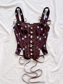 Soleia Women's Blue And Brown Polka Dot Summer 1960s Vintage Camisole Bra Top, Lace Corset Bustier For Tea Party,Off-The-Shoulder Fitted Outfits Tops - Multicolor - View 3