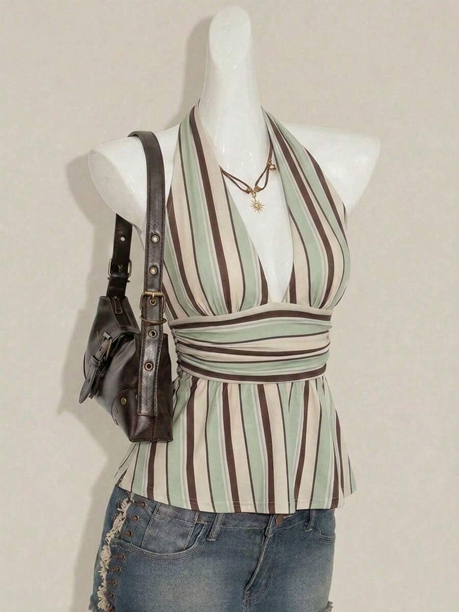 SHEIN ICON Atasan Tanpa Lengan Model Klasik dengan Leher Halter, Leher V Dalam, Pinggang Dikencangkan, Potongan A-Line, Tanpa Punggung, Gaya Klasik. - MultiWarna - View 1
