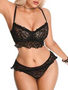 AltBold Standard Size Women's Sexy All-Over Lace Print Lingerie Set, Punk Style Bra And Panty 2pcs - Black - View 5
