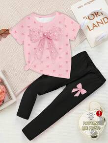 Set di T-shirt e Leggings Casual Fashion Creativo Personalizzato Rinfrescante Minimalista con Decorazione Fiocco di Perline Lucide e Stampa Grafica Rilassata per Ragazze Pre-adolescenti, Comodo per l'Uso Quotidiano, Adatto per Primavera, Estate e Autunno - Multicolore - Visualizzare 4