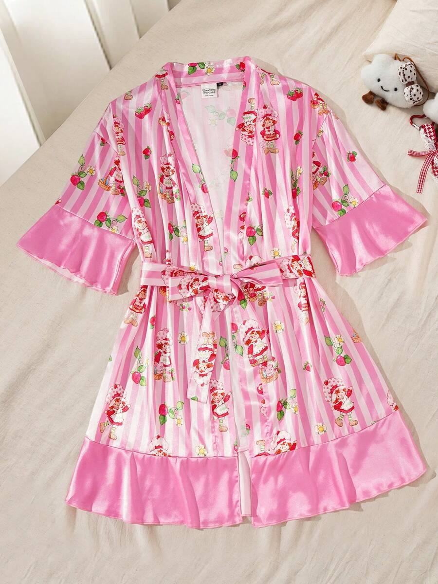 Strawberry Shortcake X SHEIN Đồ ngủ nữ tay ngắn kẻ sọc kiểu dáng thường ngày - - Màu Hồng baby - Xem 1