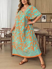 SHEIN CURVE+ Plus Size Women's Geometric Print Batwing Sleeve Dress - Multicolor - View 8