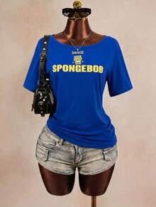 SpongeBob SquarePants | SHEIN Women's Summer Casual Letter And Cartoon Print Round Neck Short Sleeve T-Shirt - Blue - View 2