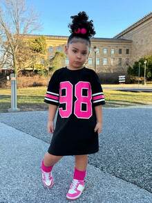 Young Girl Fashion Street Style Round Neck Numeric Print Jumper Dress, Pink, Black - Black - View 3