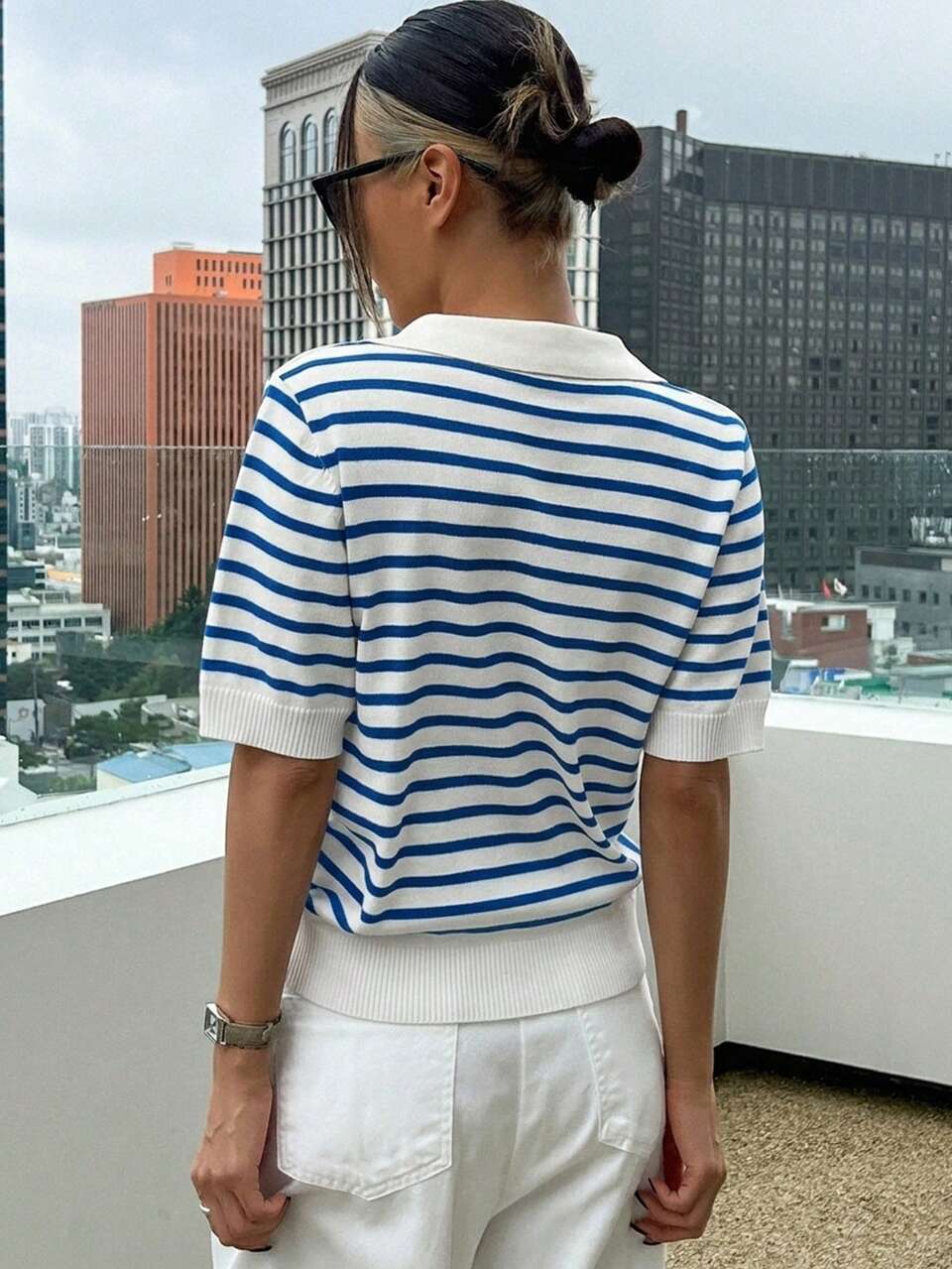 Striped Polo Collar Short Sleeve Casual Spring Summer Women's Knit Top